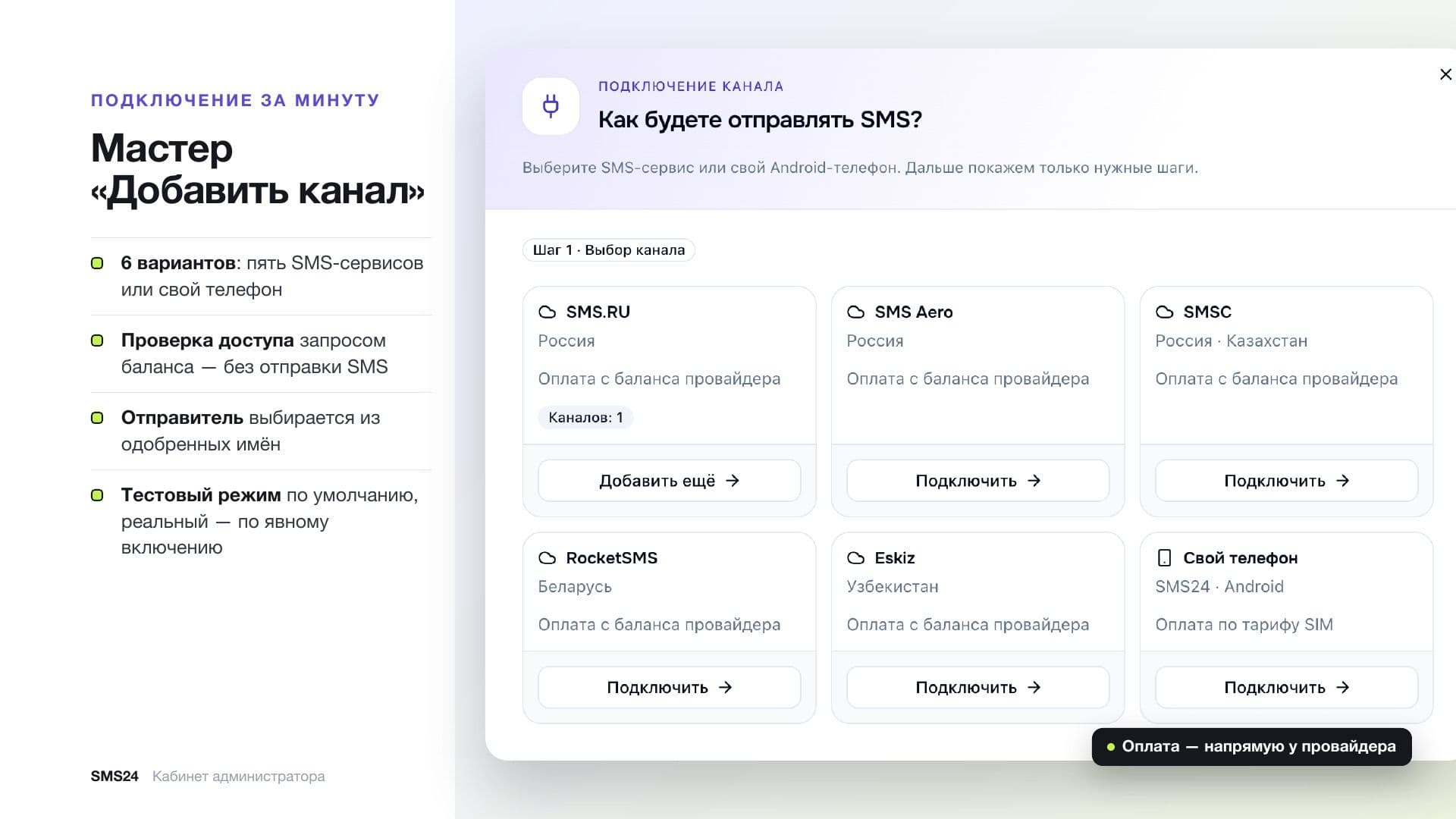 SMS24: мастер «Добавить канал»