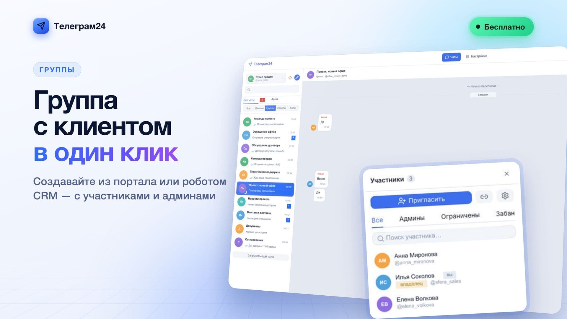 Телеграм24: группа с клиентом из портала или роботом