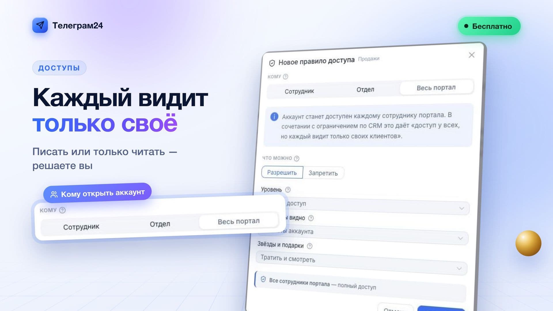 Телеграм24: доступы: каждый видит только своё