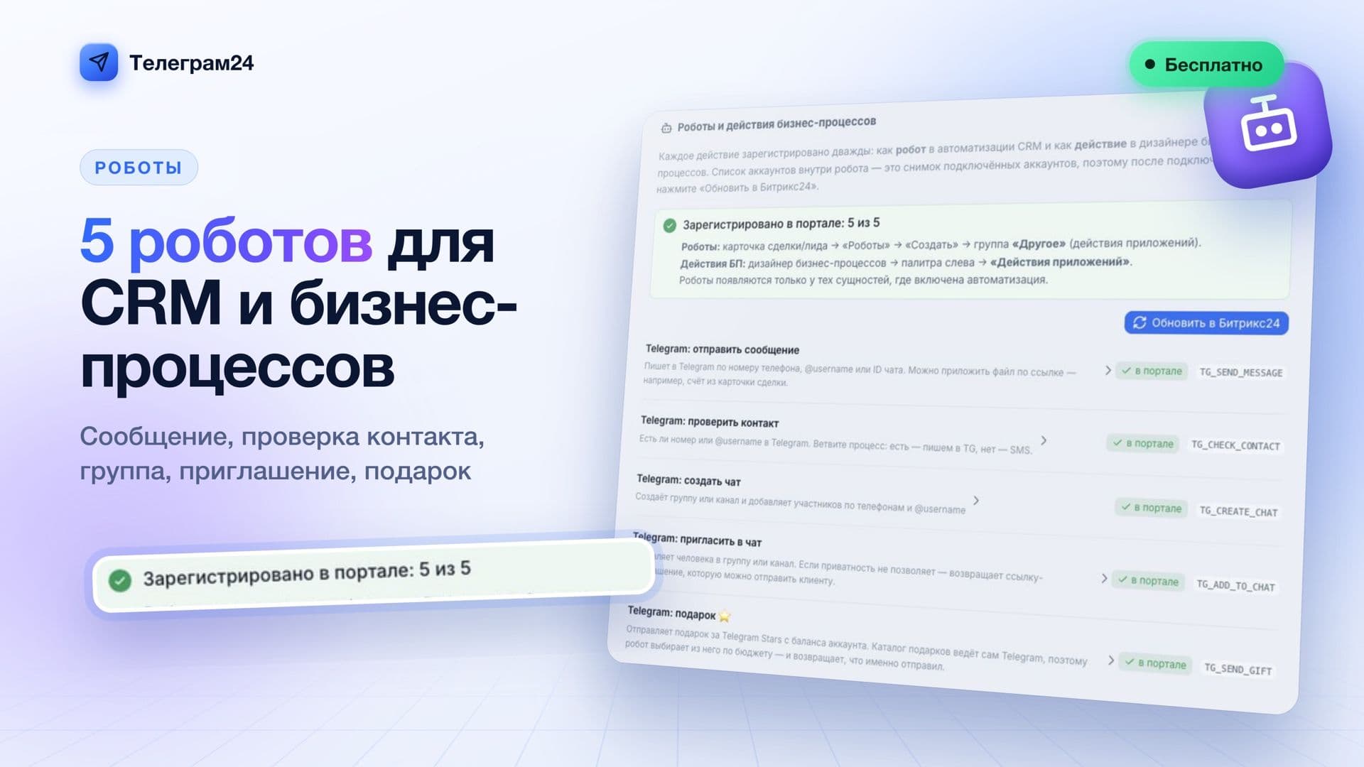 Телеграм24: 5 роботов для CRM и бизнес-процессов